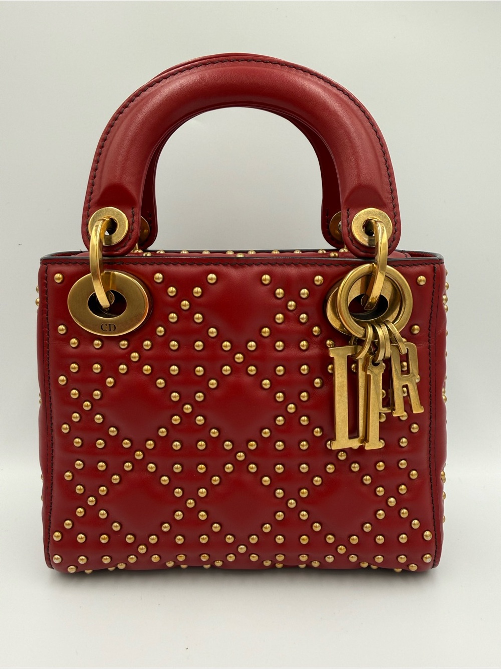 Dior Red Mini Studded Lady Dior Bag with Gold Hardware